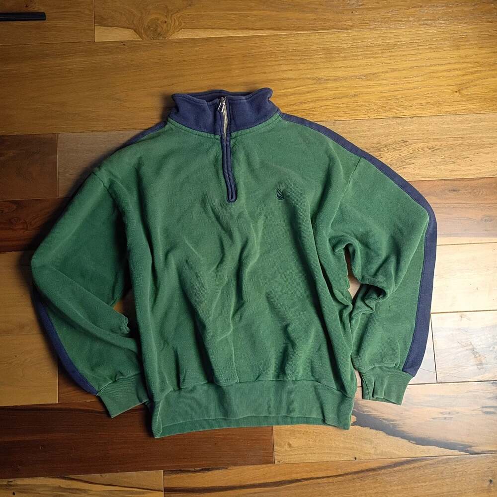 Vintage Nautica Men's Green and Navy Quarter-Zip Fleece Pullover Sweater